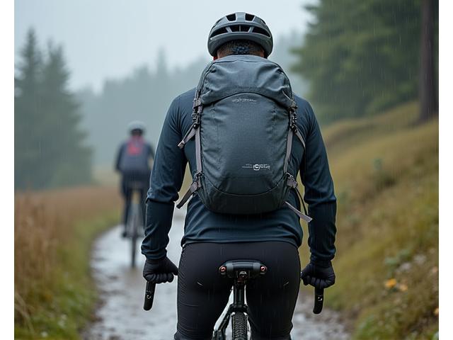 A cyclist adjusting a touring backpack during a rainy outdoor test ride.