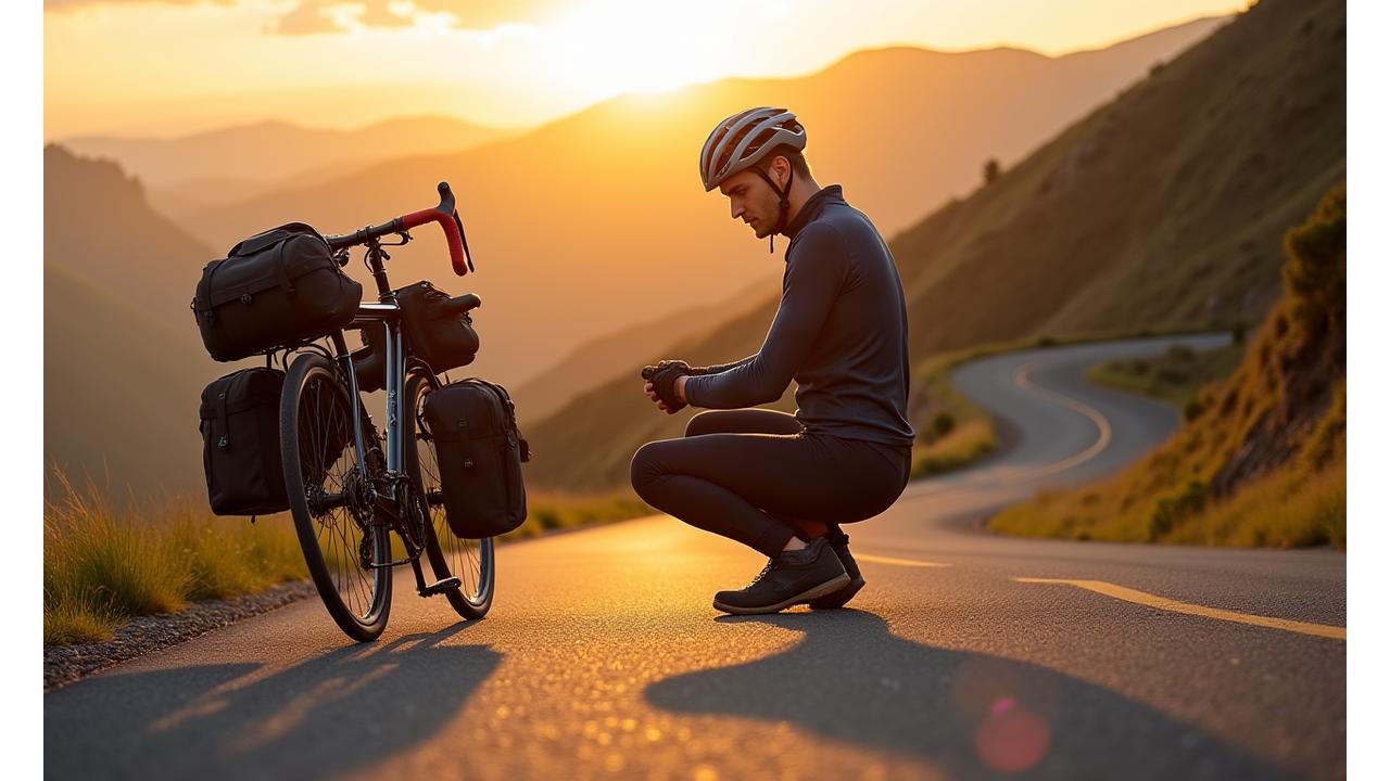 Mark Jenkins, founder of Epic Rides Gear, repairing a bike tire on a scenic mountain road during sunset.